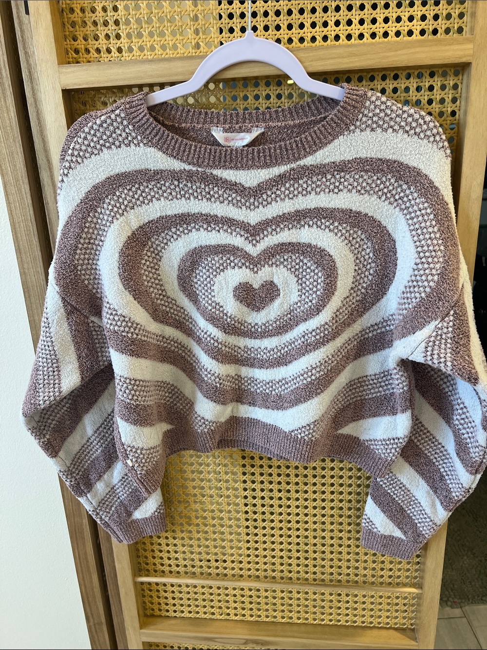 No Boundaries Cream & Mauve Heart Stripe Crewneck Sweater